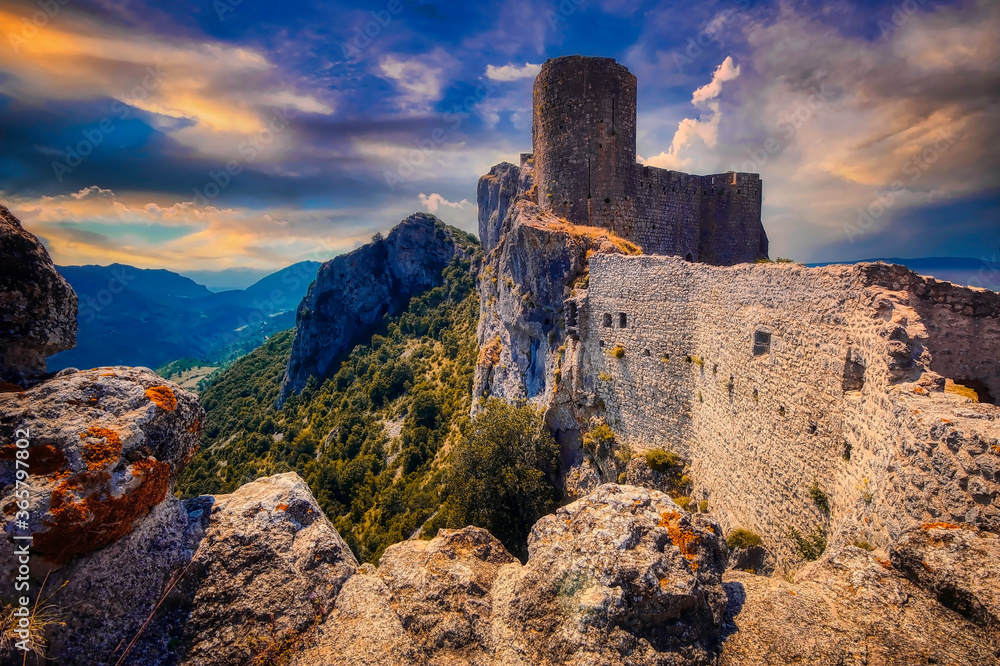 Abandoned Cathar Castle Peyrepertuse, a medieval fortress in the Languedoc Roussillon region of France. 