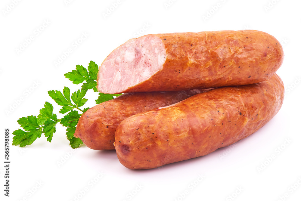 Delicious Smoked Sliced Sausages with Parsley, isolated on a white background. Close-up Delicious Smoked Sliced Sausages with Parsley, isolated on a white background. Close-up