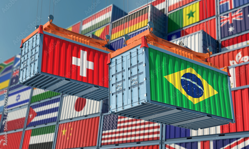 Freight containers with Switzerland and Brazil flag. 3D Rendering Freight containers with Switzerland and Brazil flag. 3D Rendering