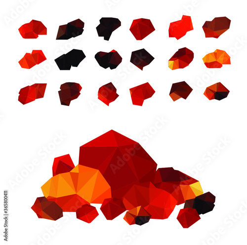 Coal, glowing coal ,hot embers set isolated on white background