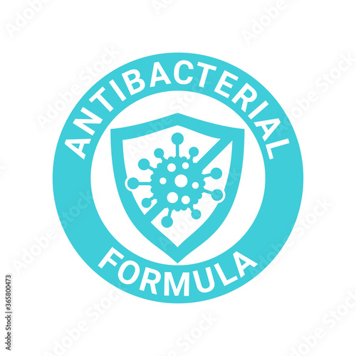 Antibacterial formula stamp - shield with crossed bacteries inside - vector isolated sign for antiseptic cosmetics and medical pharmaceutical products