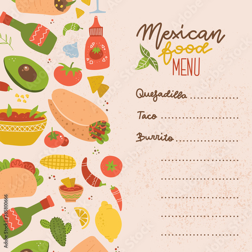Food truck Mexican food menu. Set of colorful hand drawn Mexican food elements - burrito, taco, margarita, lemon, cactus, tomato. Hand drawn food for restaurant menu, banner, flyer, print design.