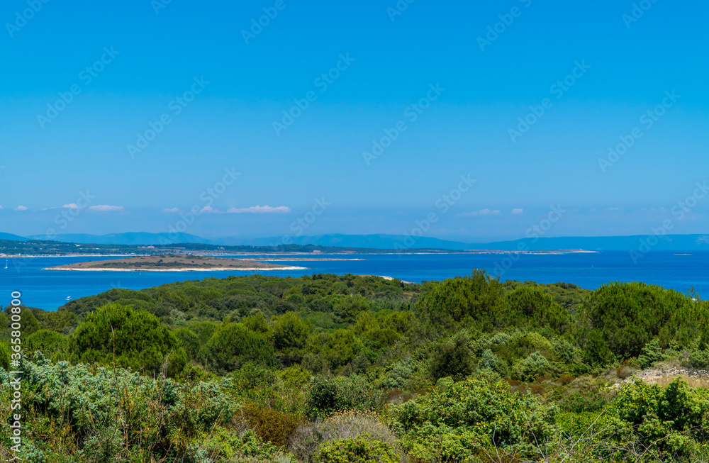 Panoramic view of Kamenjak National Park, Istria, Croatia with trees, coastline, and islands