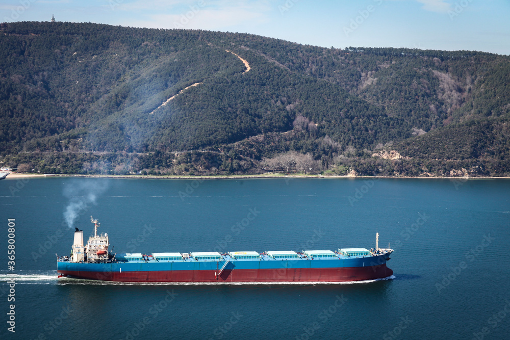 Obraz premium Huge cargo ship is passing through Istanbul strait or Bosporus. European side of Istanbul is visible. Aerial shot of a giant cargo ship with silos loaded.