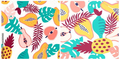 Abstract fruit pattern. Tropical seamless pattern. Vector illustration in hand drawn style.