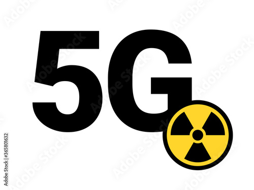 5G and symbol of danger of radiation. Fifth generation of telecommunications and health risk. Vector illustration isolated on white.