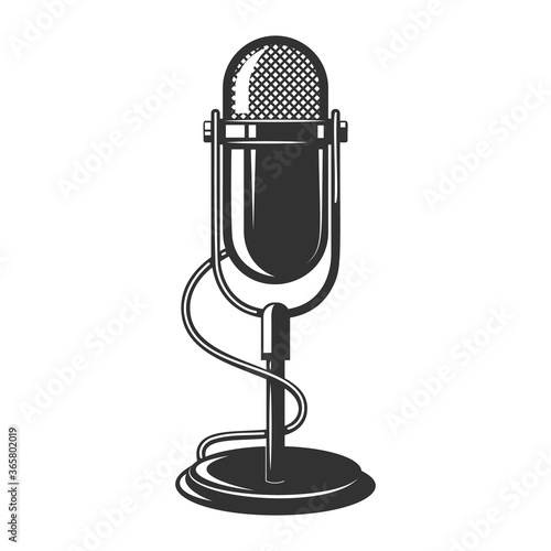 Illustration of retro microphone isolated on white background. Design element for poster, card, banner, logo, label, sign, badge, t shirt. Vector illustration