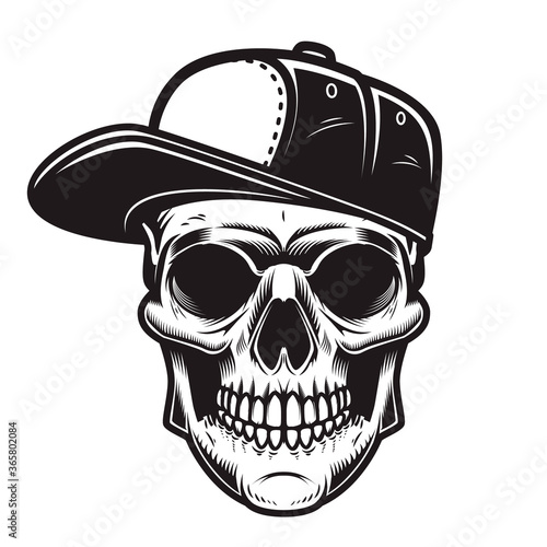Illustration of skull in baseball cap in engraving style. Design element for logo, emblem, sign, poster, card, banner. Vector illustration