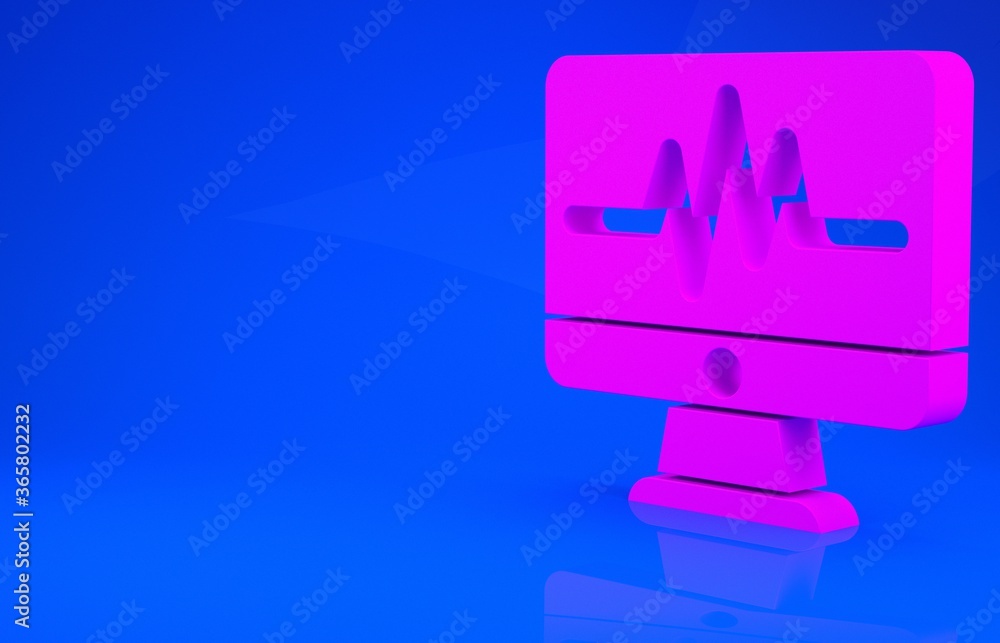 Pink Computer monitor with cardiogram icon isolated on blue background. Monitoring icon. ECG monitor with heart beat hand drawn. Minimalism concept. 3d illustration. 3D render. Pink Computer monitor with cardiogram icon isolated on blue background. Monitoring icon. ECG monitor with heart beat hand drawn. Minimalism concept. 3d illustration. 3D render.