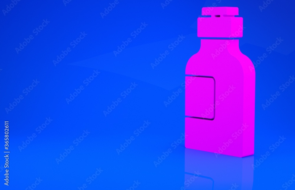 Pink Bottle of medicine syrup icon isolated on blue background. Minimalism concept. 3d illustration. 3D render. Pink Bottle of medicine syrup icon isolated on blue background. Minimalism concept. 3d illustration. 3D render.