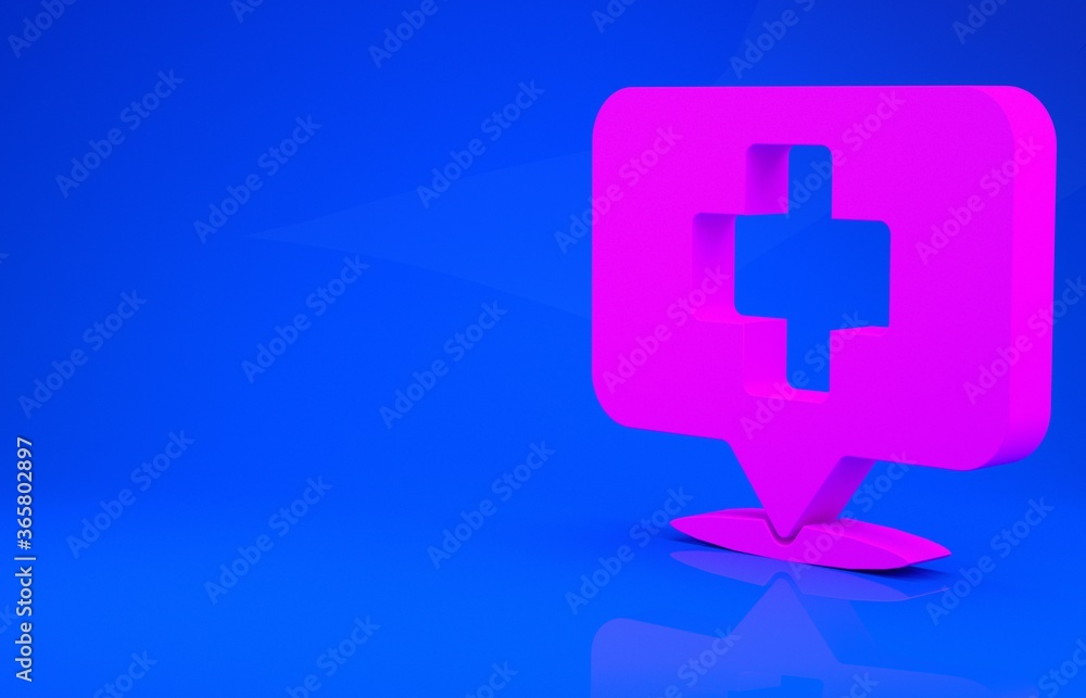 Obraz premium Pink Medical map pointer with cross hospital icon isolated on blue background. Minimalism concept. 3d illustration. 3D render.