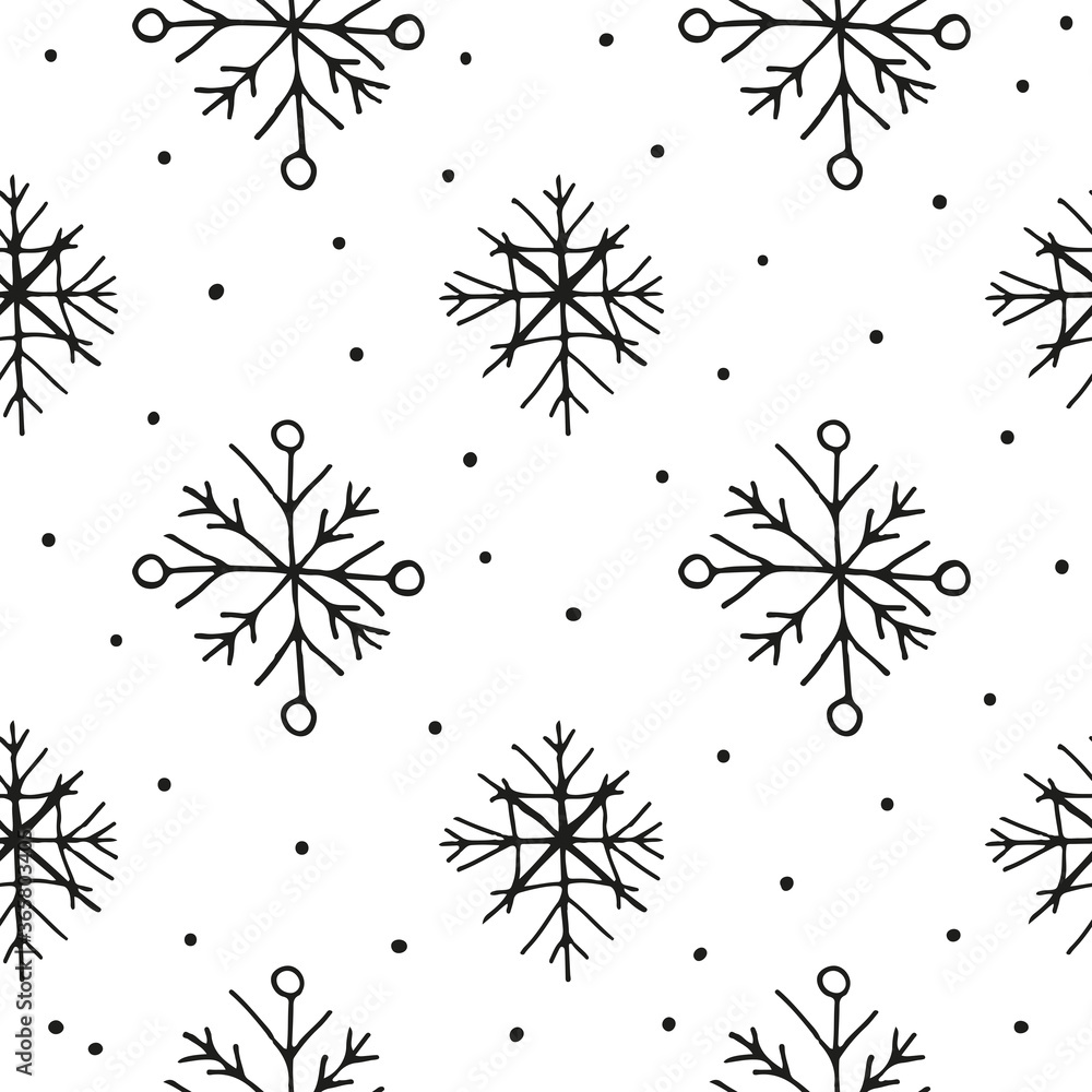 Seamless pattern with hand drawn snowflakes, dots. Seamless pattern with hand drawn snowflakes, dots.