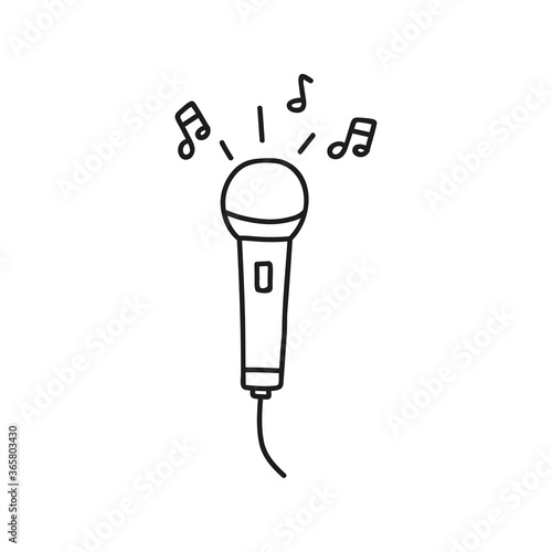 Doodle microphone with musical notes for karaoke. Vector icon in sketch style.