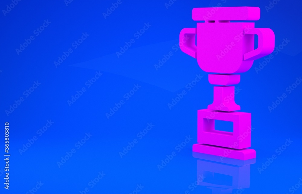 Pink Award cup icon isolated on blue background. Winner trophy symbol. Championship or competition trophy. Sports achievement sign. Minimalism concept. 3d illustration. 3D render. Pink Award cup icon isolated on blue background. Winner trophy symbol. Championship or competition trophy. Sports achievement sign. Minimalism concept. 3d illustration. 3D render.