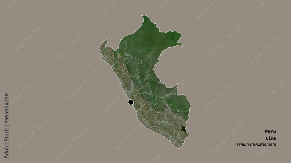 Cusco, region of Peru, with its capital, localized, outlined and zoomed with informative overlays on a satellite map in the Stereographic projection. Animation 3D Cusco, region of Peru, with its capital, localized, outlined and zoomed with informative overlays on a satellite map in the Stereographic projection. Animation 3D