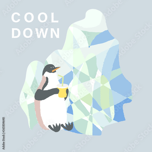 氷の横でドリンク持ちながらクールダウンするペンギン