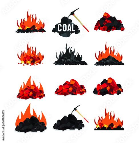 Coal, glowing coal ,hot embers set isolated on white background