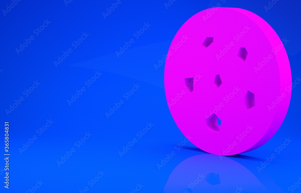 Pink Cookie or biscuit with chocolate icon isolated on blue background. Minimalism concept. 3d illustration. 3D render.