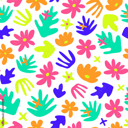 White seamless pattern with doodle colorful tropical leaves and flowers. Cute modern design. Perfect for textile  fashion clothing  prints  posters.