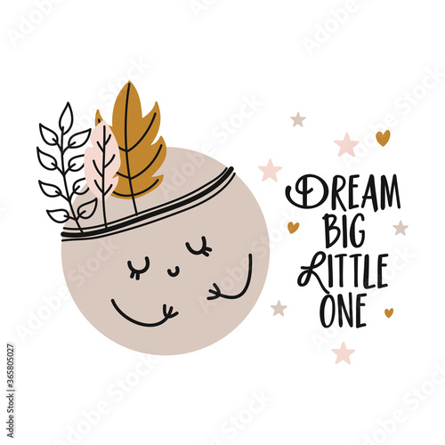 Dream big little one - cute moon decoration. Little moon with feather headband and stars, posters for nursery room, greeting cards, kids and baby clothes. Isolated vector.