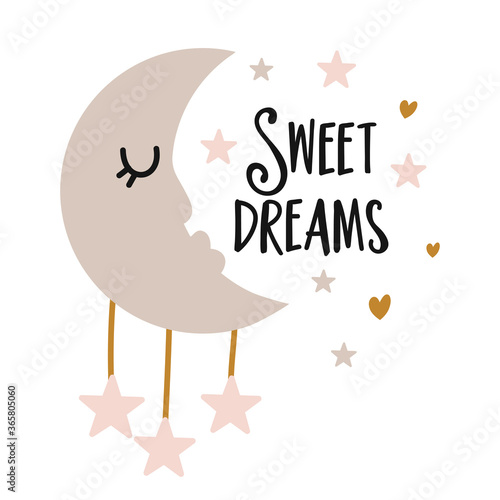 Sweet dreams - cute moon decoration. Little moon with closed eyes and stars, posters for nursery room, greeting cards, kids and baby clothes. Isolated vector.