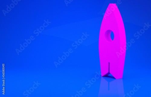 Pink Surfboard icon isolated on blue background. Surfing board. Extreme sport. Sport equipment. Minimalism concept. 3d illustration. 3D render.