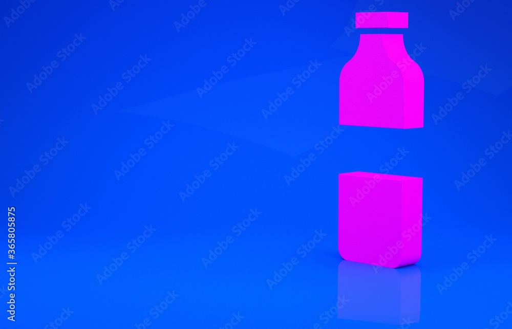 Pink Bottle of water icon isolated on blue background. Soda aqua drink sign. Minimalism concept. 3d illustration. 3D render.