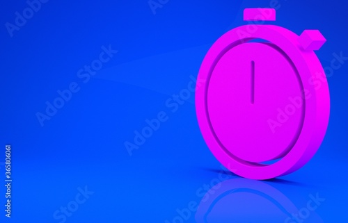 Pink Stopwatch icon isolated on blue background. Time timer sign. Chronometer sign. Minimalism concept. 3d illustration. 3D render.