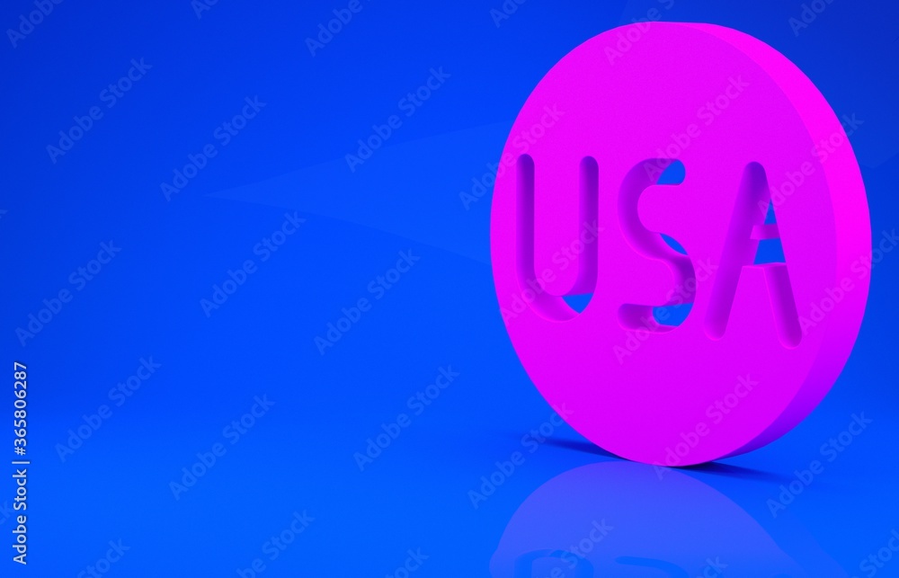 Pink USA label icon isolated on blue background. United States of America. Minimalism concept. 3d illustration. 3D render. Pink USA label icon isolated on blue background. United States of America. Minimalism concept. 3d illustration. 3D render.