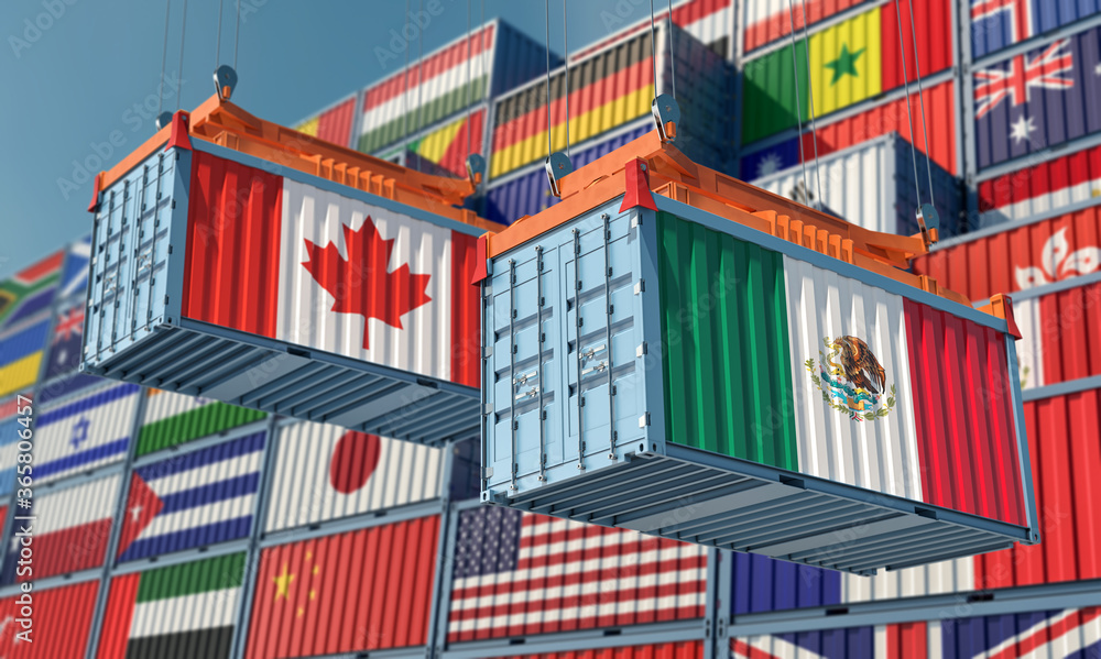 Freight containers with Mexico and Canada flag. 3D Rendering 