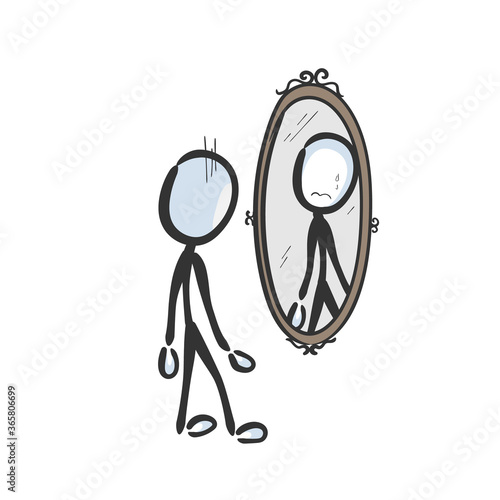 Sad crying man looking in mirror. Vector simple low self esteem reflection in the mirror. Stickman no face clipart cartoon. Hand drawn. Doodle sketch, graphic illustration