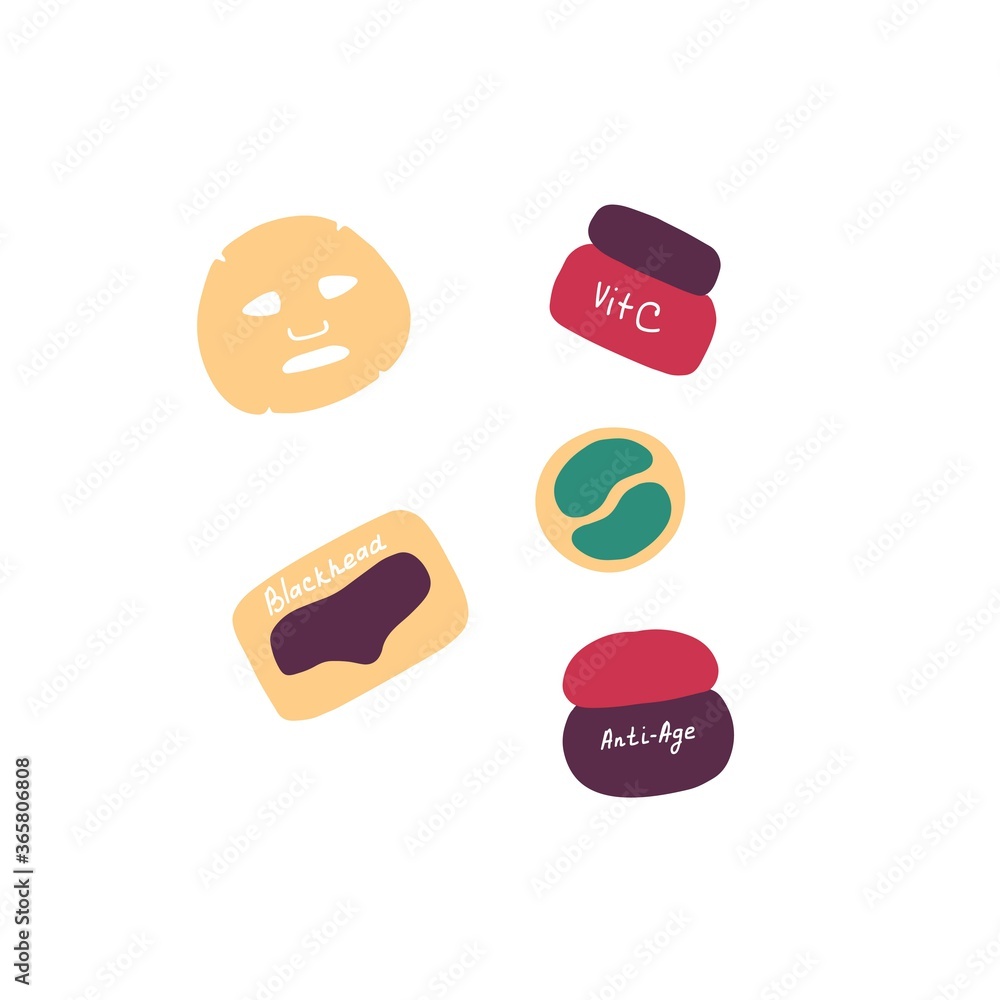 Cosmetic set. Facial sheet mask, blackhead nose patch, eye patches. Beauty products for skin care. Doodle flat vector illustration Cosmetic set. Facial sheet mask, blackhead nose patch, eye patches. Beauty products for skin care. Doodle flat vector illustration