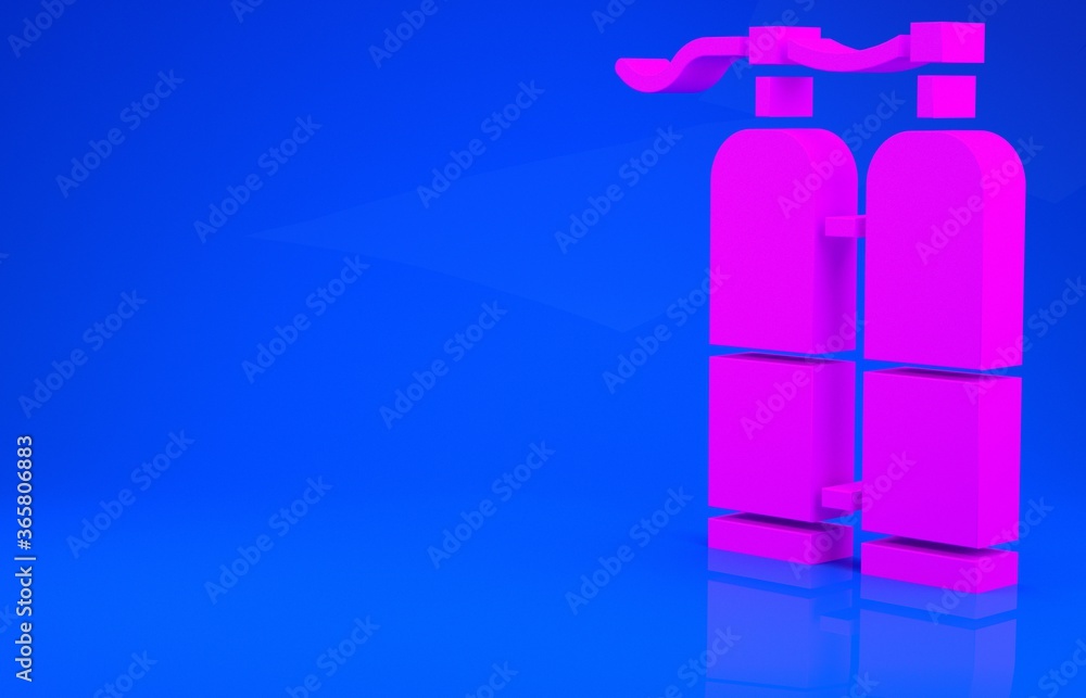 Pink Aqualung icon isolated on blue background. Oxygen tank for diver. Diving equipment. Extreme sport. Sport equipment. Minimalism concept. 3d illustration. 3D render. Pink Aqualung icon isolated on blue background. Oxygen tank for diver. Diving equipment. Extreme sport. Sport equipment. Minimalism concept. 3d illustration. 3D render.