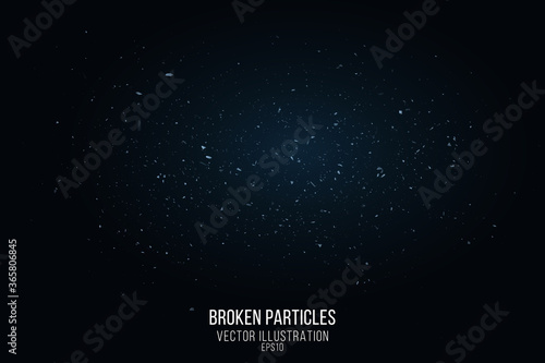 Broken glass effect with small particles isolated on a black background. Flying fragments and a blue glow. Vector illustration
