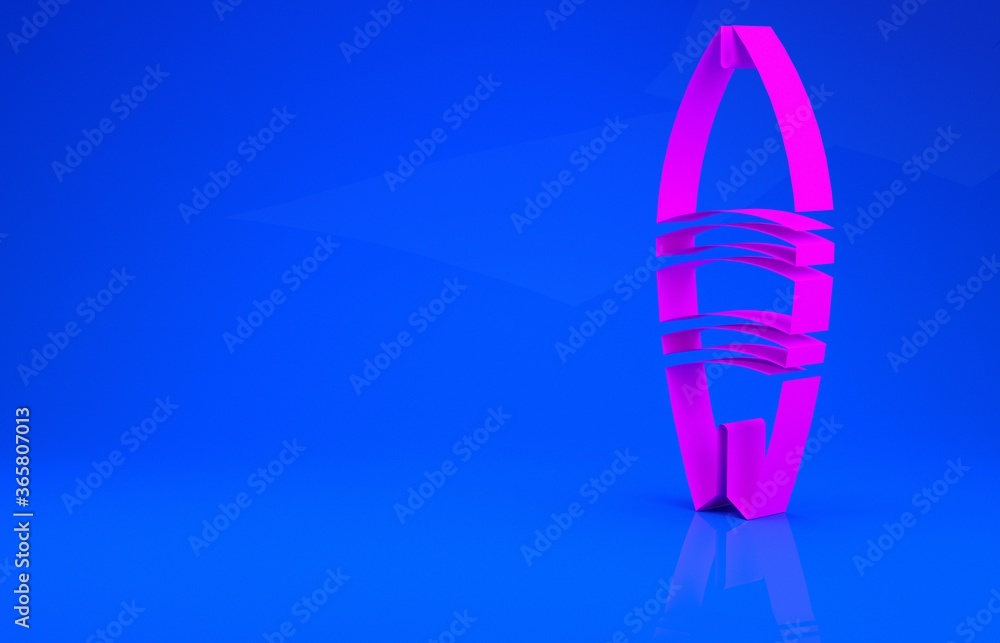 Pink Surfboard icon isolated on blue background. Surfing board. Extreme sport. Sport equipment. Minimalism concept. 3d illustration. 3D render.