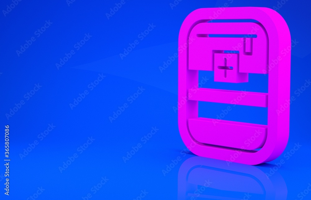 Pink First aid kit icon isolated on blue background. Medical box with cross. Medical equipment for emergency. Healthcare concept. Minimalism concept. 3d illustration. 3D render. Pink First aid kit icon isolated on blue background. Medical box with cross. Medical equipment for emergency. Healthcare concept. Minimalism concept. 3d illustration. 3D render.