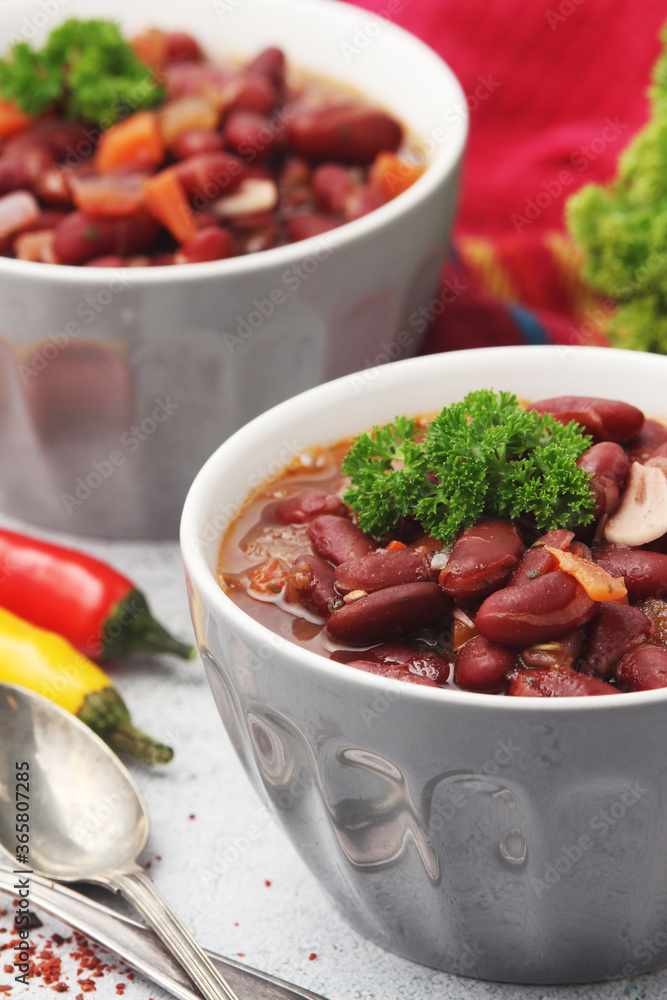 Two bowls with traditional Georgian dish - lobio
