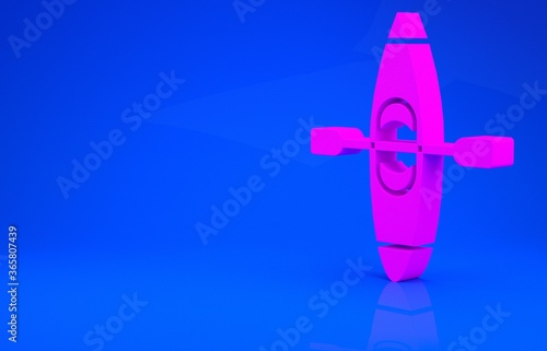 Pink Kayak and paddle icon isolated on blue background. Kayak and canoe for fishing and tourism. Outdoor activities. Minimalism concept. 3d illustration. 3D render.