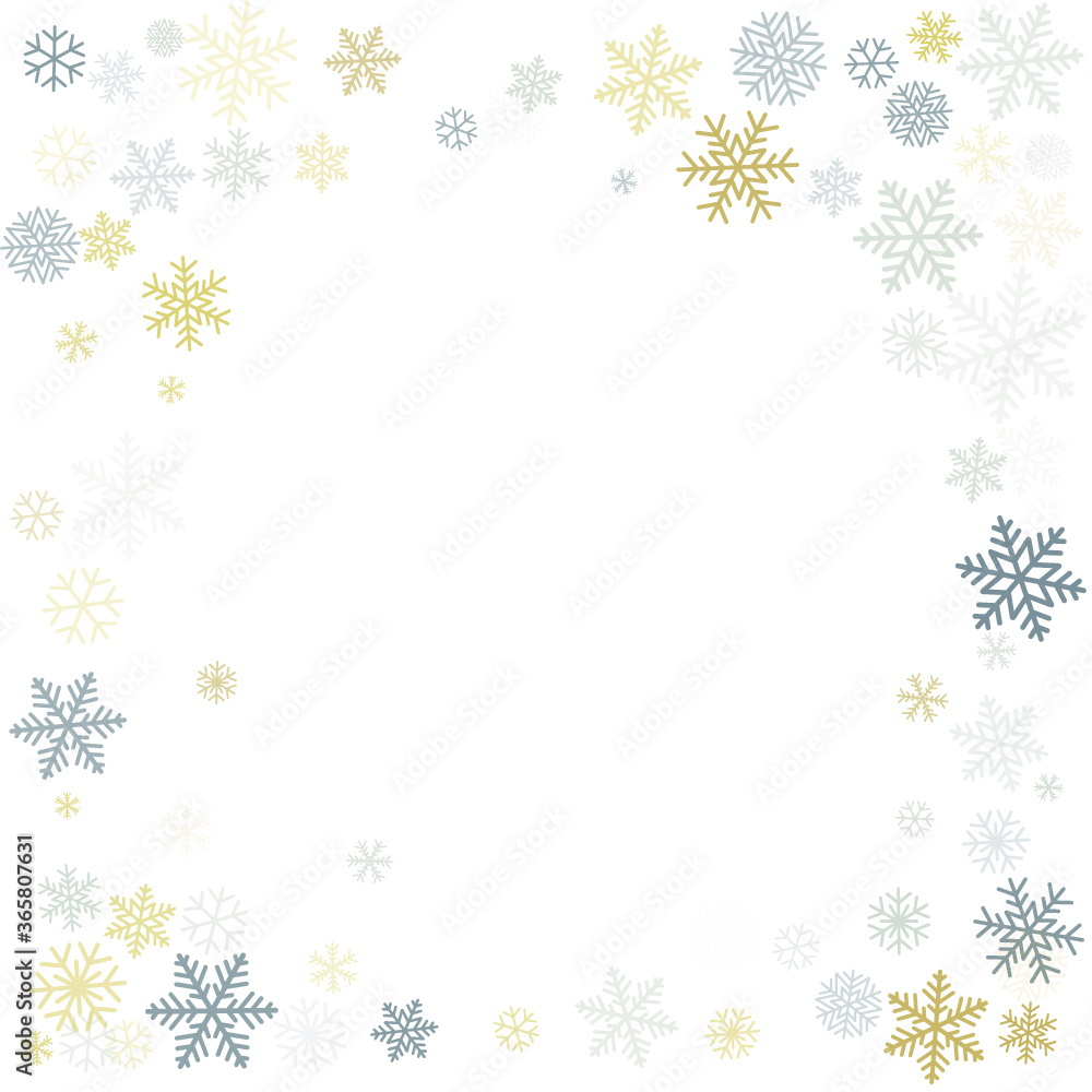 Christmas snowflakes background with place for text. Winter gold and silver snow minimal frame decoration on white, greeting card. New Year Holidays subtle backdrop. Vector illustration Christmas snowflakes background with place for text. Winter gold and silver snow minimal frame decoration on white, greeting card. New Year Holidays subtle backdrop. Vector illustration