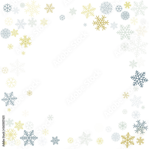 Christmas snowflakes background with place for text. Winter gold and silver snow minimal frame decoration on white  greeting card. New Year Holidays subtle backdrop. Vector illustration 