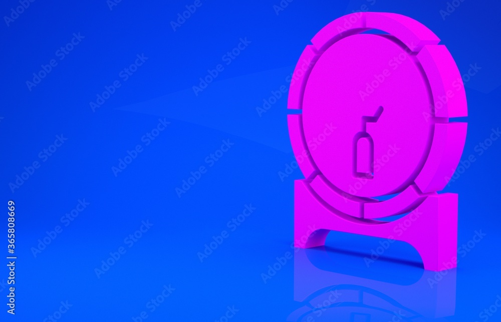 Pink Wooden barrel on rack with stopcock icon isolated on blue background. Minimalism concept. 3d illustration. 3D render. Pink Wooden barrel on rack with stopcock icon isolated on blue background. Minimalism concept. 3d illustration. 3D render.