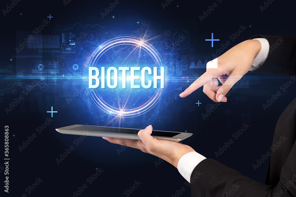 Close-up of a touchscreen with BIOTECH inscription, new technology concept Close-up of a touchscreen with BIOTECH inscription, new technology concept