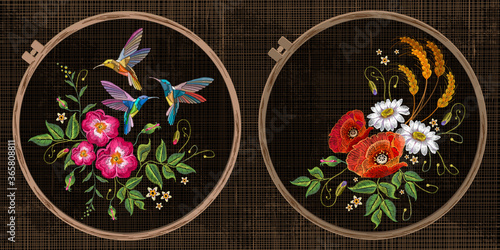 Embroidery collection. Humming bird and poppies flowers, roses. Template tambour frame with a canvas, elements from stitches. Art for clothes