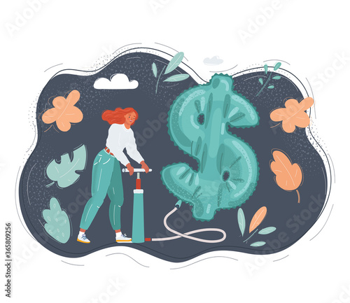 Vector illustration of woman is pumping up inflatable dollar symbol on dark background.