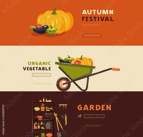 Stock vector illustration of gardening hobby banner set with tools and vegetables
