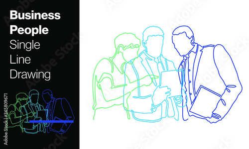 Corporate modern business people team meeting standing with tablet in one single line stroke illustration drawing isolated with whiteboard doodle style with modern color palette