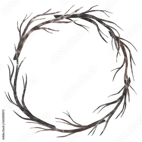 Wooden twigs frame in watercolor, driftwood wreath clipart for rustic wedding decor and invitation. Boho natural clip art.