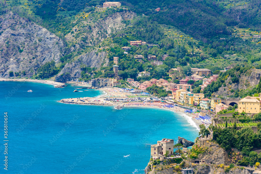 Monterosso - Village of Cinque Terre National Park at Coast of Italy. Province of La Spezia, Liguria, in the north of Italy - Travel destination for hiking and attraction in Europe.