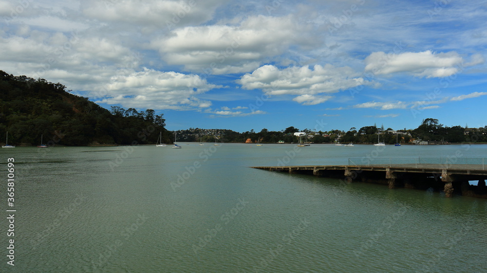 Scenic view of boat launch ramp and water near Hobsonville Ferry Terminal, Catalina Bay, Auckland, NZ Scenic view of boat launch ramp and water near Hobsonville Ferry Terminal, Catalina Bay, Auckland, NZ
