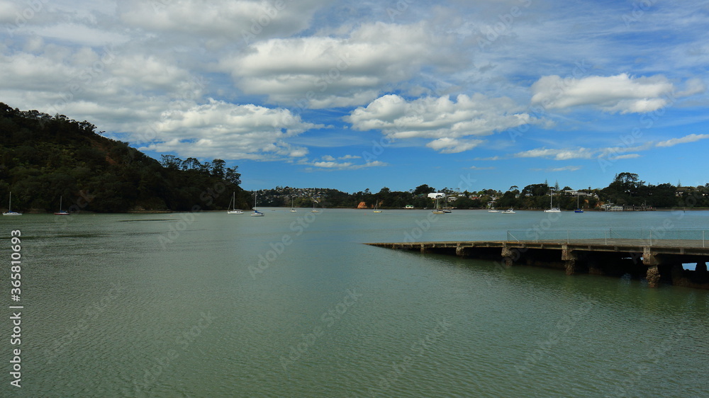 Scenic view of boat launch ramp and water near Hobsonville Ferry Terminal, Catalina Bay, Auckland, NZ